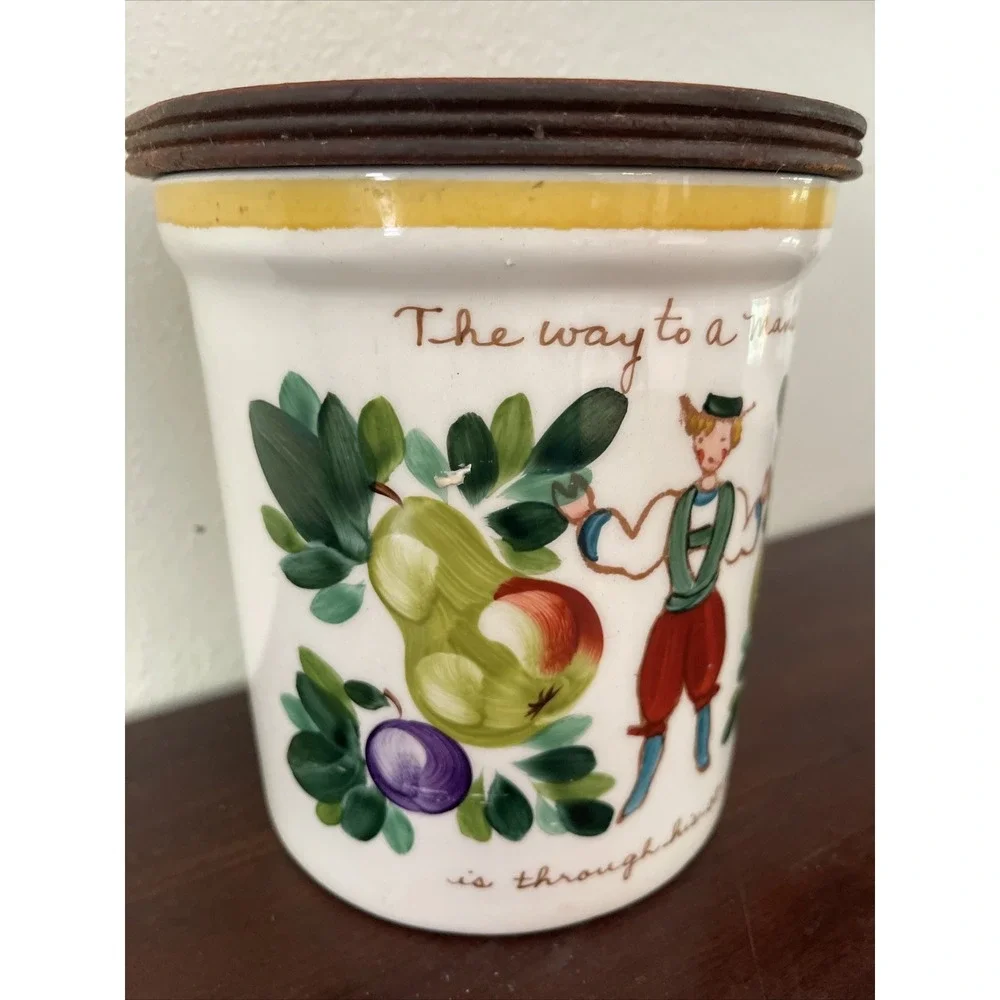 Vtg Bauer Pottery Kitchen Canister Way 2 Mans Heart Thru Stomach Kitsch‎ Motto